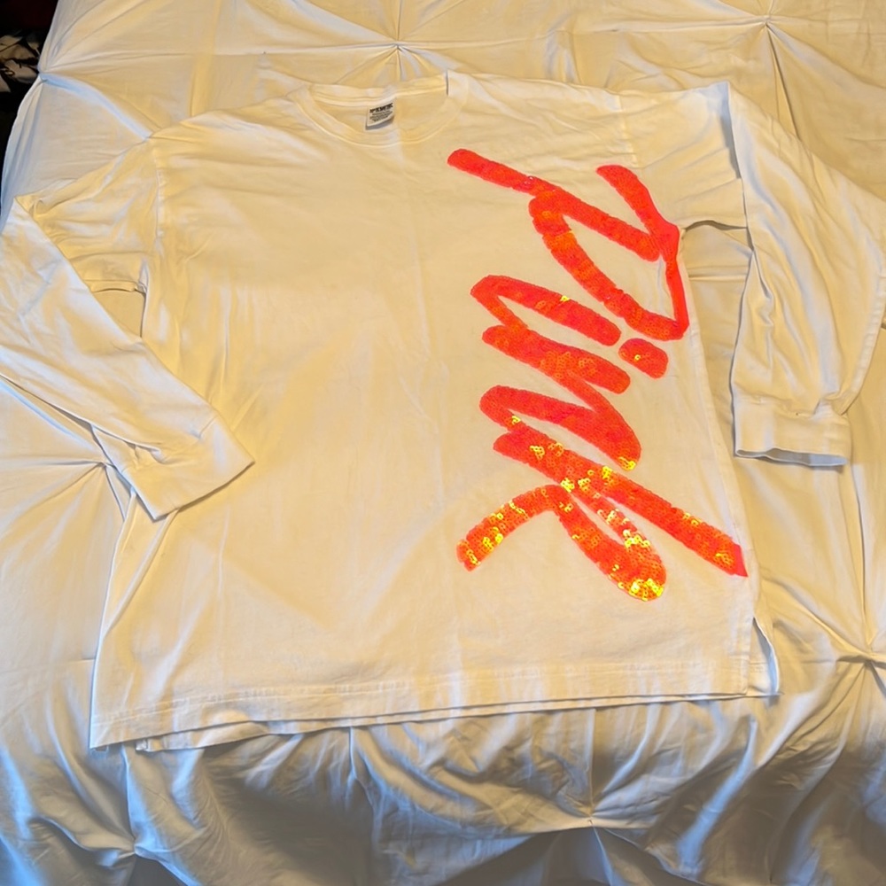 PINK long sleeve campus tee, white with coral sequin detail size small